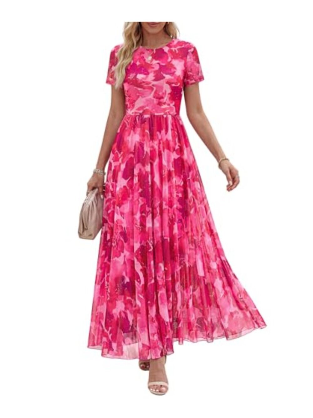 Floral Maxi Dress Short Sleeve A-Line Crew Neck Mesh Wedding Guest